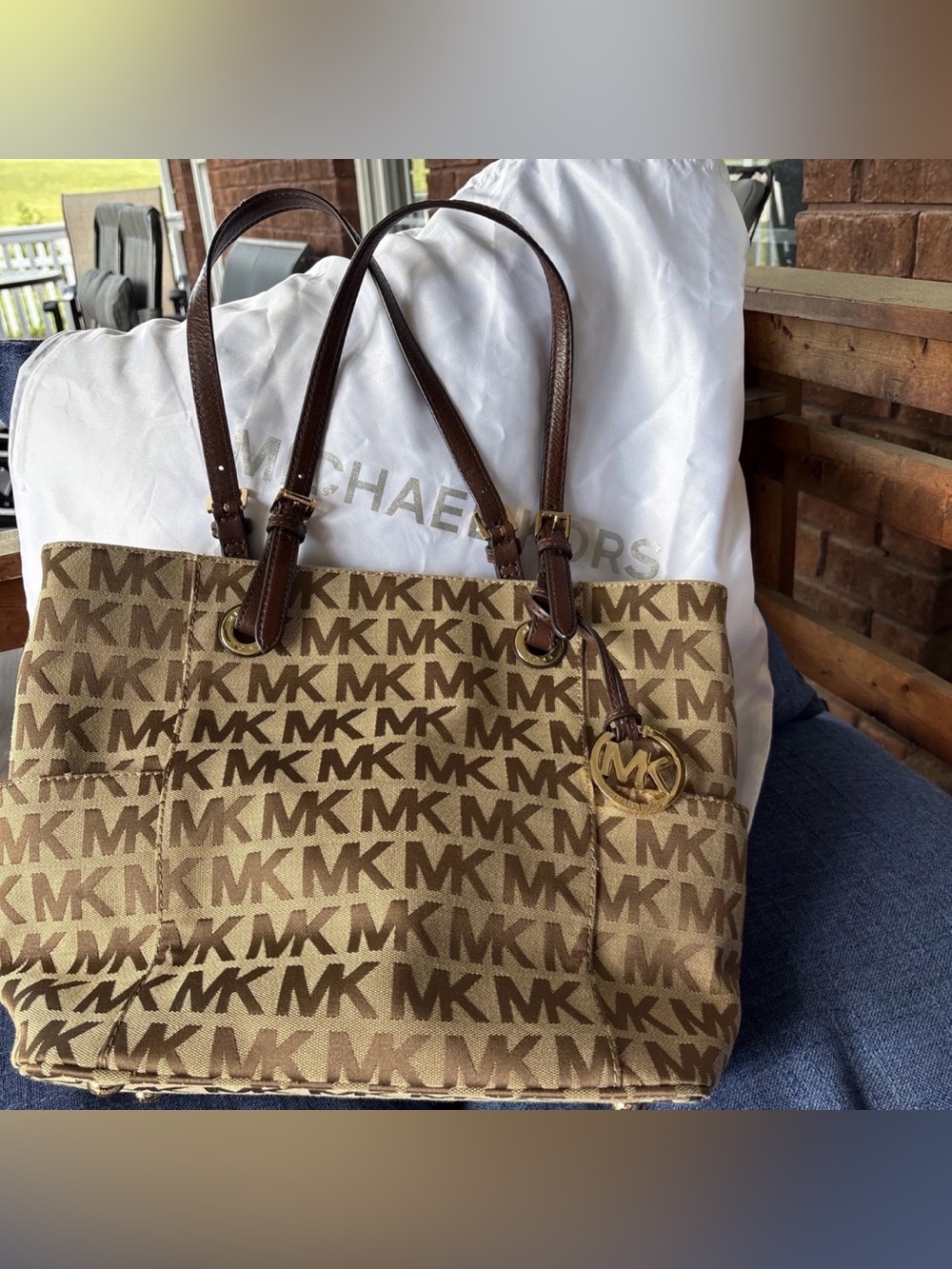 Michael Kors Beige and Brown MK Logo Jet Set Tote Gold Charm Excellent Condition